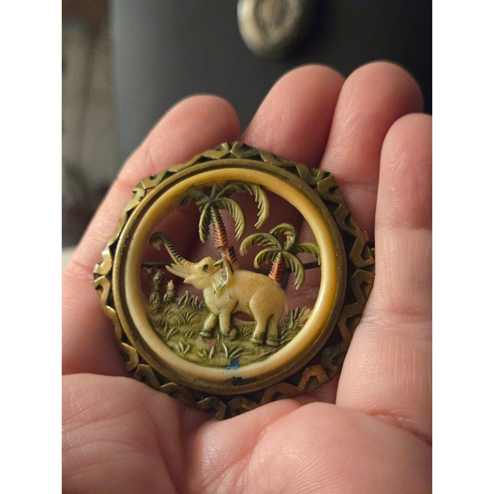 French Celluloid Carved Elephant Octagonal Brooch Antique Rare